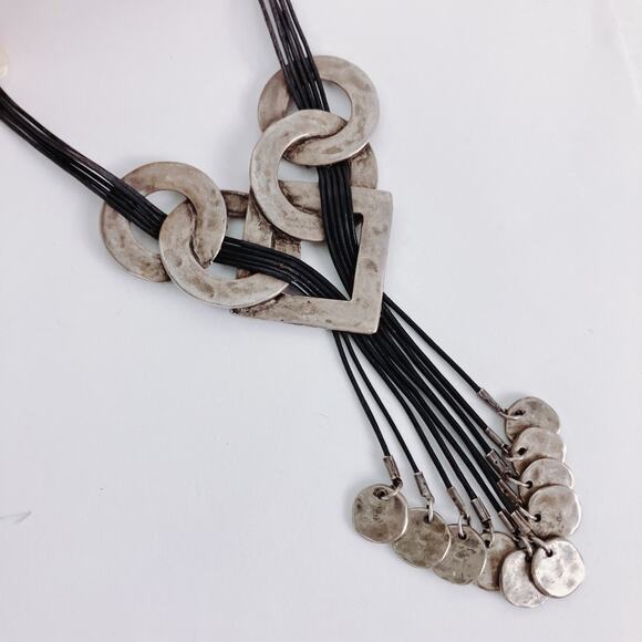 Chunky Chico’s Brutalist Statement Necklace Silver Tone Geometric Coin Tassels - Picture 13 of 14